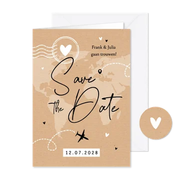 Save the date kraft reizen ticket vliegtuig wereldkaart
